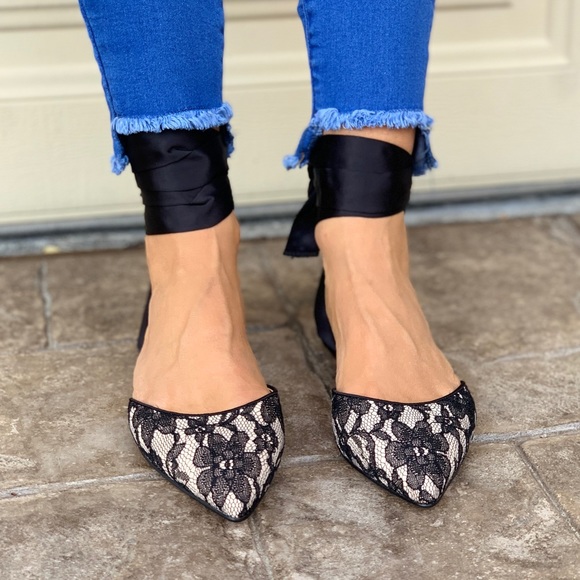 Satin Laces Ankle Wrap Pointed Toe Flats - Picture 6 of 6